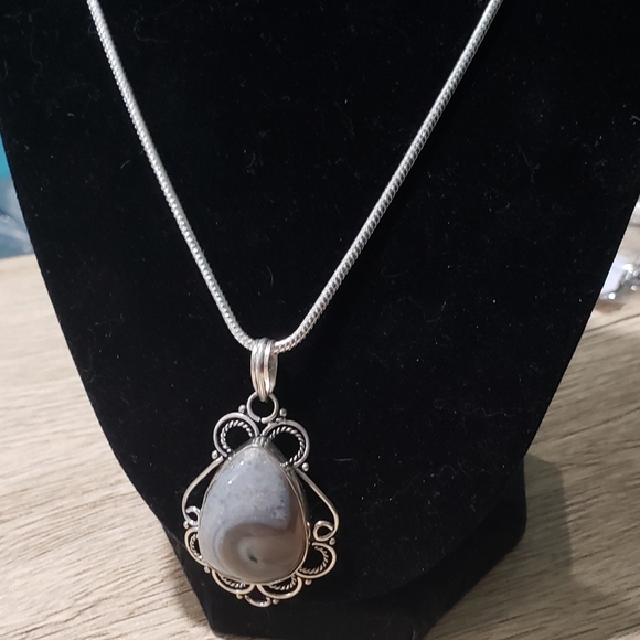 Men's Multi Color Botswana Agate Silver Necklace - Picture 3 of 10